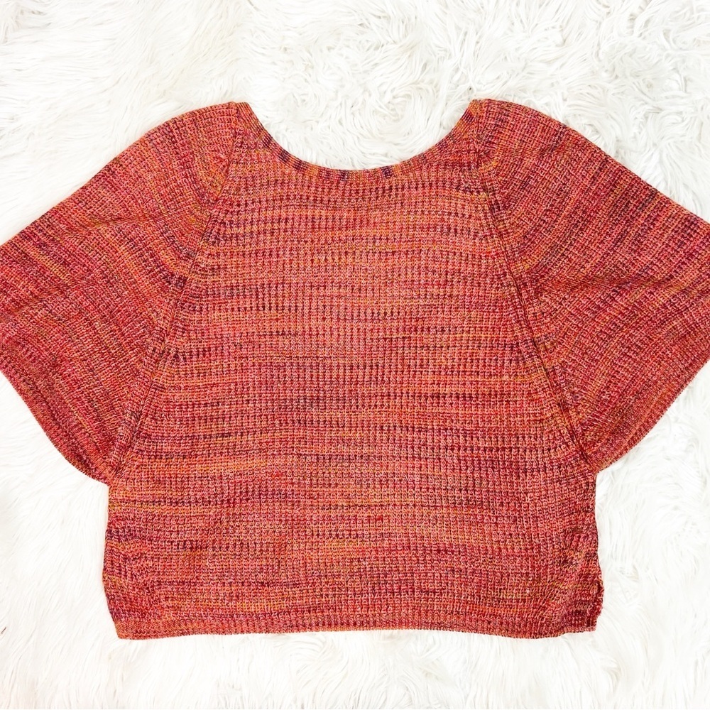 ANTHROPOLOGIE PEACHY SUNSETS ORANGE VARIEGATED PULLOVER V-BACK SWEATER MEDIUM